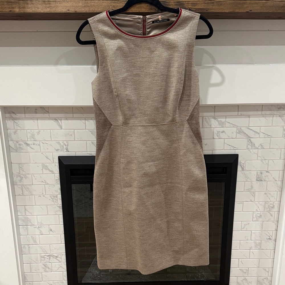 Elie Tahari Tan Sleeveless Dress with Red Trim wool blend